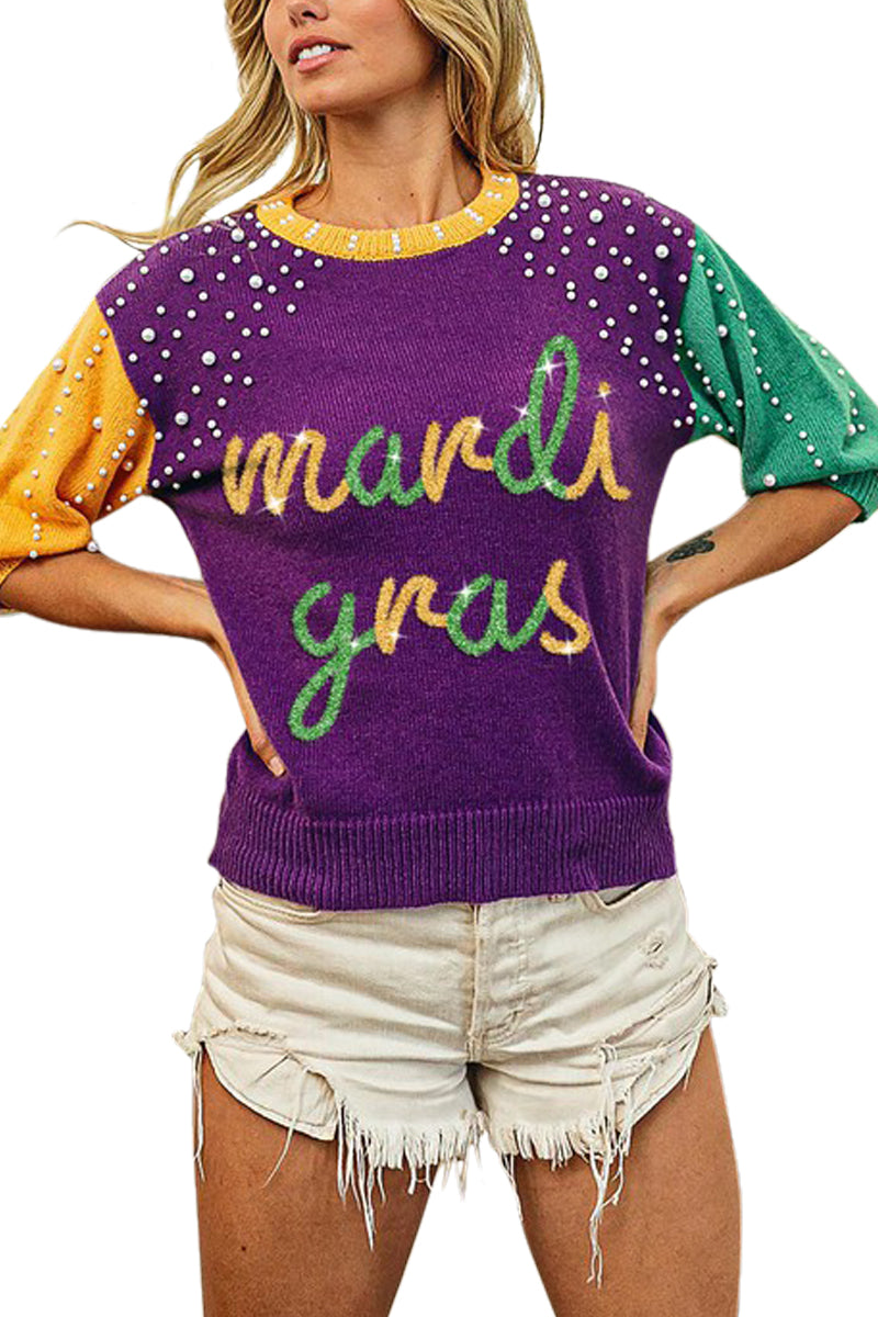 Tinsel Mardi Gras Color Block Pearl Sweater